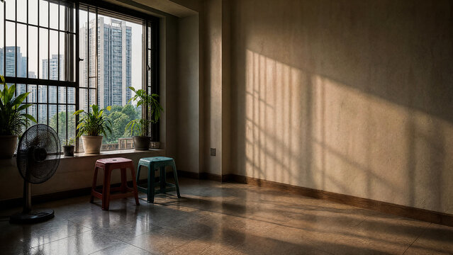 Electric fan and stools by an open apartment window - energy saving - copy space