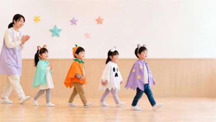 Naklejka premium 幼稚園ホールを歩く子どもたちのハロウィン仮装パレード