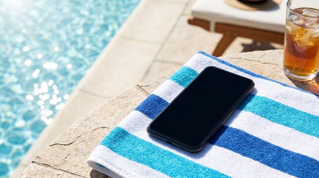 Relaxing poolside scene at a tropical resort, featuring a blank mockup smartphone, a cold beverage, and sunglasses resting on a wooden lounger by a sparkling blue pool