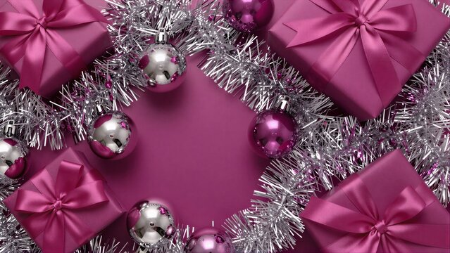 Purple gifts and silver tinsel frame a festive, vibrant holiday scene.