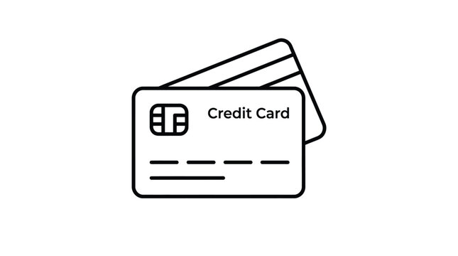 Simple black line art vector illustration of two credit cards stacked on white background surface