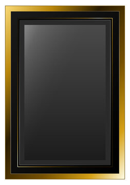 Modern luxury gold and black rectangular frame border with metallic trim and dark grey center space, elegant vertical decorative plaque design element illustration on transparent background.