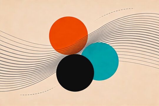 A minimalist abstract graphic design featuring three colored circles and flowing curved lines on a light neutral background.