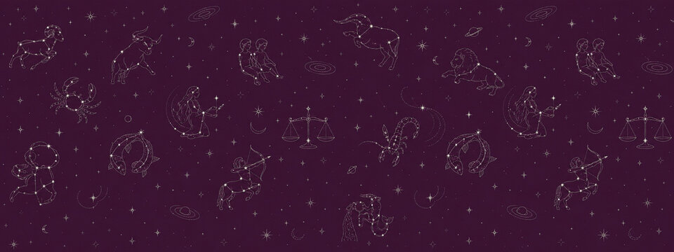 Celestial zodiac constellation pattern, mystical astrology symbols on purple background, starry night sky horoscope wallpaper