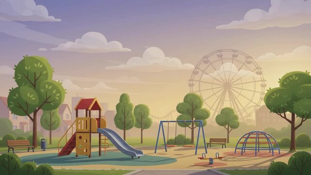 Empty children's playground in a park with a Ferris wheel in the background at sunset, cartoon style vector illustration.