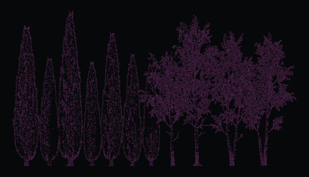 Purple cypress and deciduous tree silhouettes, dark botanical vector forest, elegant garden landscape elements on black background
