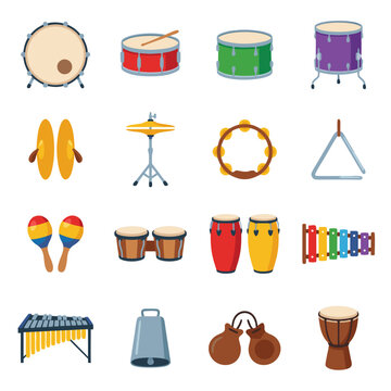 Comprehensive percussion musical instrument icon set featuring snare drum, bass drum, floor tom, cymbals, hi-hat, tambourine, triangle, maracas, bongos, congas, xylophone, vibraphone, cowbell, castane