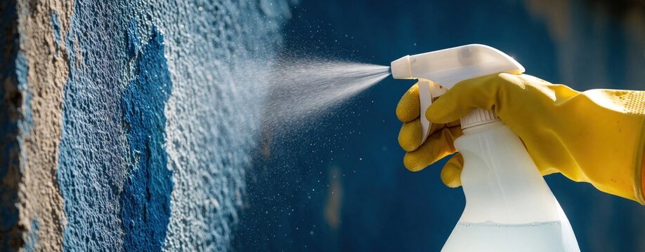 Hand in yellow rubber glove uses spray bottle to clean blue wall. Person applies liquid detergent on textured surface to remove dirt stain. Worker performs home maintenance renovation task using