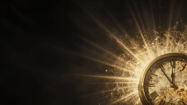 Golden clock bursts with radiant light against a dark, starry background.