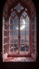 Fototapeta premium Pink gothic arched window with rose petals on stone seat. Large crescent moon shines over dark night city skyline. Dreamy fantasy view from old castle room cathedral interior with starry sky,