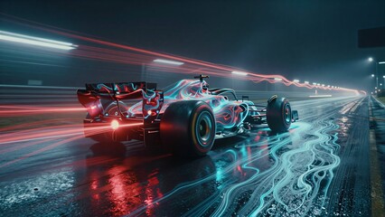 Obraz premium Neon race car speeds through rain-slicked track at night, lights streaking in motion.