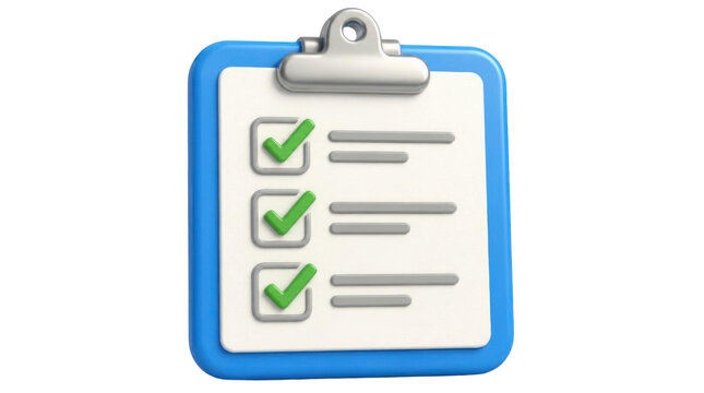 3d blue clipboard with green check marks and paper list on dark background