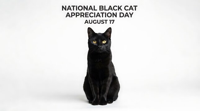 National Black Cat Appreciation Day August 17 banner, sleek black cat sitting on white background, feline holiday poster