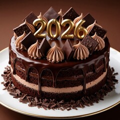 Naklejka premium Decadent chocolate cake features golden 2026 numbers on top with rich frosting, squares of dark chocolate. This layered dessert sits on white plate, perfect for New Years or anniversary celebrations.
