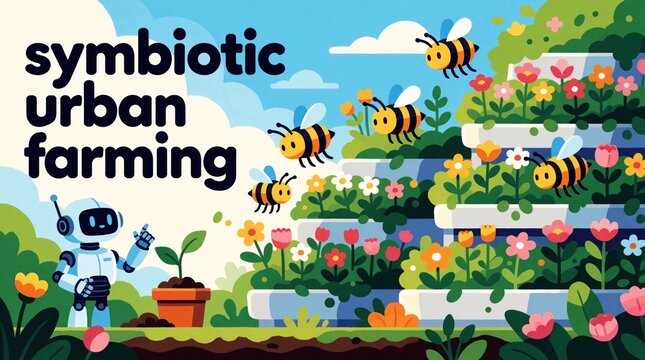 Robot gardener and bee drones tend vertical farm. Futuristic city agriculture with sustainable food production. Green ecosystem in urban setting.