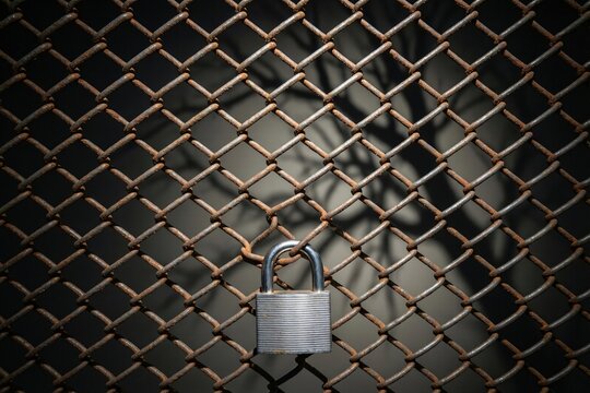 Rusty Chain Link Fence with Padlock and Human Silhouette Shadow