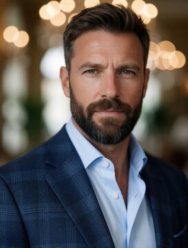 Young pro man with beard, wearing checkered blazer, poses in city environment with hints of natural setting blurred in background. Attire, grooming suggest setting related to business formal
