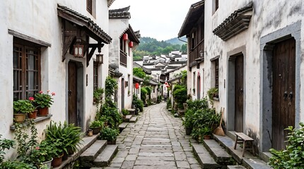 Fototapeta premium Traditional Ancient Chinese Village Alleyway with White Walls and Stone Pavement