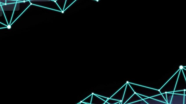 Digital network of glowing blue interconnected dots and lines forming a futuristic border along the top and bottom edges, framing a vast dark copy space.