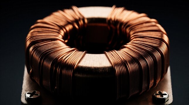 Copper toroidal inductor dense windings on wooden base, industrial electrical component photographed closely against dark backdrop emphasizing metallic coils structure for technology, engineering