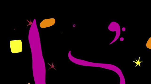 Vibrant abstract shapes, including large magenta swirls, orange blobs, and a prominent musical quarter note, create a lively and artistic composition on a dark background.