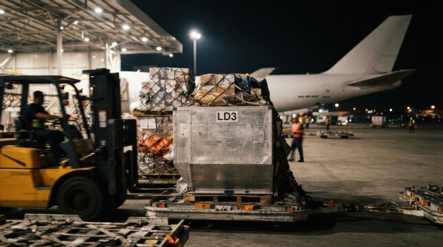 Air cargo pallets and LD3 containers with forklift forks and freight aircraft tail for air freight expansion and logistics capacity.