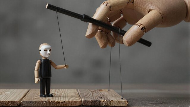 Wooden hand controls puppet with mask, symbolizing hidden manipulation behind smiles.