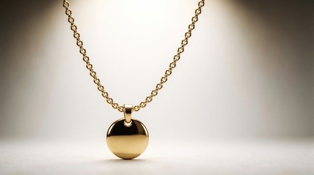 Shiny gold chain necklace with round blank pendant hangs on light background. Elegant luxury jewelry object for fashion design. Gold locket circle pendant ready for engraving custom text. Minimalist