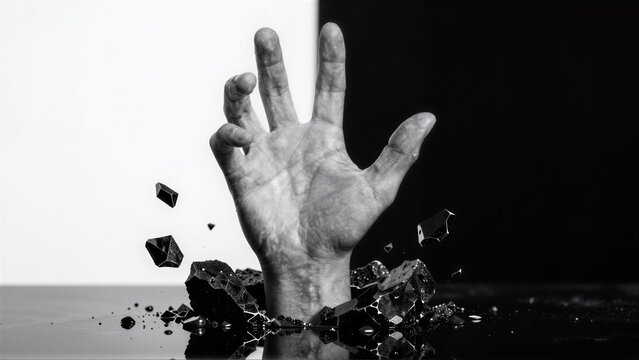 Hand breaks through shattered glass, symbolizing emergence or breaking free.