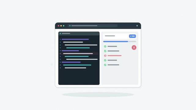 Flat Vector Animation of Web Browser Interface Showing Code Editor and Software Testing Process
