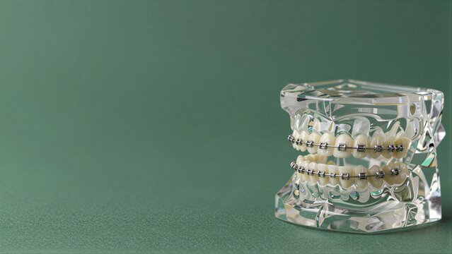 Clear dental model with braces on green background, showcasing orthodontic treatment.