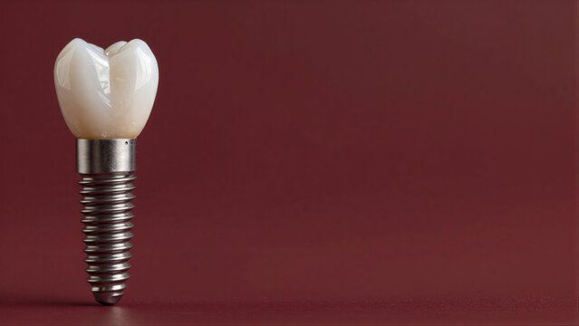 Dental implant with artificial tooth on red background, showcasing modern dental restoration.