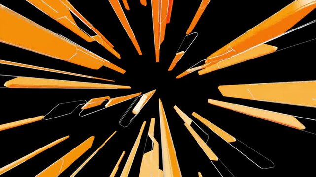 Sharp orange and yellow geometric shapes radiate outward from a central point on a black background, creating a dynamic abstract tunnel effect with speed lines.