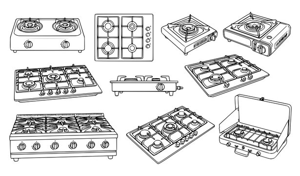 Collection of gas stoves, portable cooktops and multi burner kitchen ranges for cooking in clean black and white line art vector