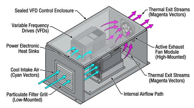 Detailed diagram illustrating the thermal management and cooling system airflow within a variable frequency drive control enclosure, highlighting intake and exhaust paths for optimal heat dissipation