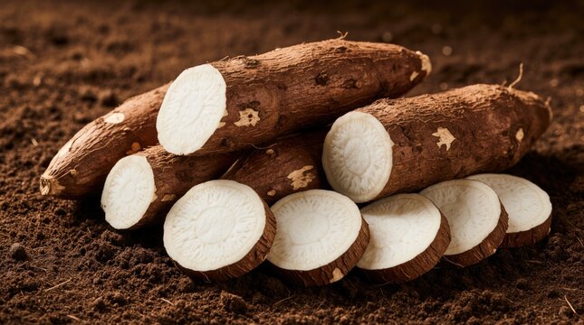 Raw cassava roots and slices rest on dark soil. Harvested manioc tubers display white flesh and brown skin. Ready for cooking culinary starch and healthy food ingredient.