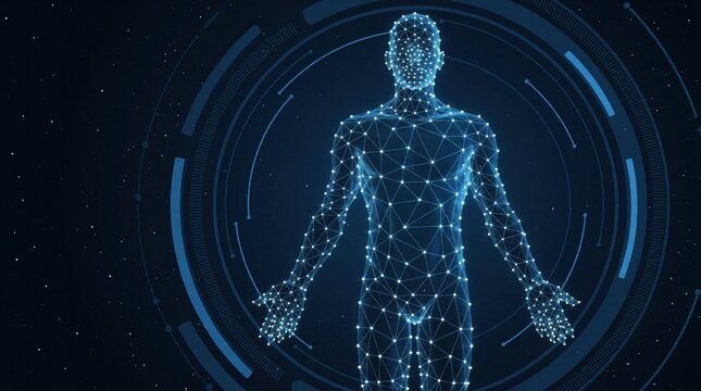 Human body represented by glowing digital mesh lines and dots. Futuristic interface with circular HUD elements and cosmic background. Represents digital health, AI, and science.