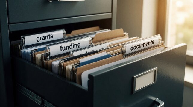 Filing cabinet drawer holds folders labeled grants funding and documents. Papers are organized for financial record keeping and business management in an office setting.