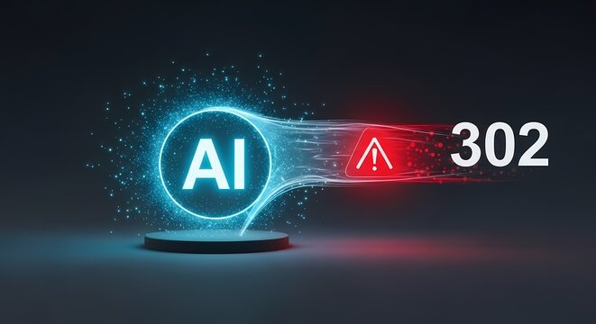 AI technology warning signal displaying 302 redirect status code and alert icon in dark digital environment