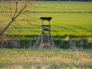 Naklejka premium A Wooden Hunting Stand in a Sunlit Green Field