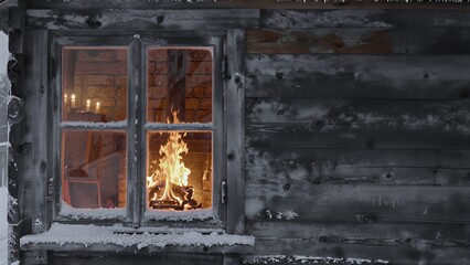 Naklejka premium Cozy fireplace glowing through snowy window of rustic wooden cabin.