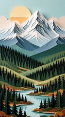 Naklejka premium Papercraft mountain landscape art. Layered paper cutout style shows snowy peaks, green pine forest, blue river valley. Bright sun rises behind mountains above calm water. Creative 3d paper art design