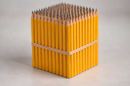 Countless identical pencils bound tightly into a solid square column.