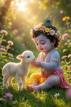 Baby Krishna in floral crown interacts with fluffy lamb in sunlit garden. Blue skinned infant wears yellow dhoti and jewelry, holding plant while posing with animal. Peaceful scene.