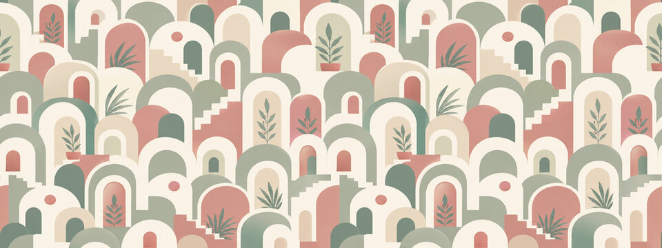 Boho abstract architecture pattern, terracotta arch background, minimalist mediterranean landscape with stairs and plants
