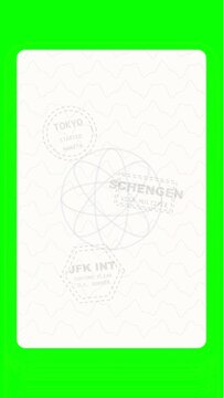 Green Screen Portrait Passport Travel Document Page With Globe And Stamp Empty Template