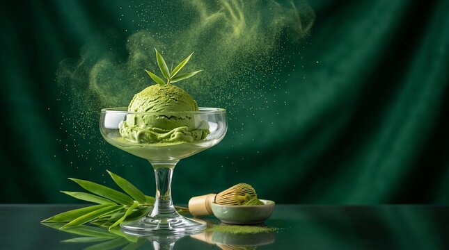Refreshing green matcha ice cream dessert with powder swirl and garnish