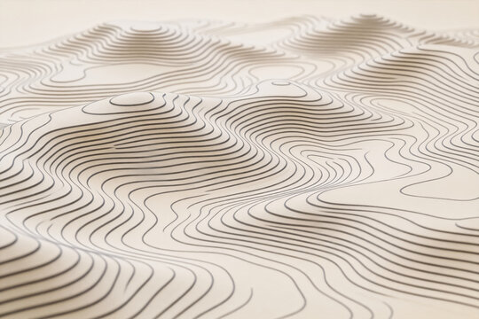 A minimalist 3D-rendered abstract surface with wavy contour lines mimicking topographic terrain.