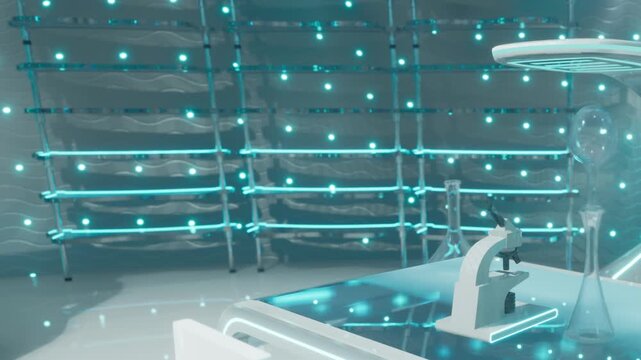 A laboratory space shows a microscope on a table. The room has bright blue lighting and reflective walls. Glassware is positioned on the table. High tech equipment is visible.