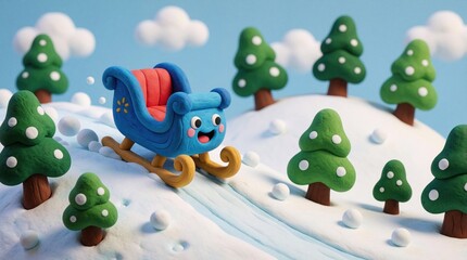 Fototapeta premium Blue claymation sleigh with happy face slides down snowy hill. Green clay trees and white clouds surround cartoon winter scene. Motion blur suggests speed and fun in cold weather.